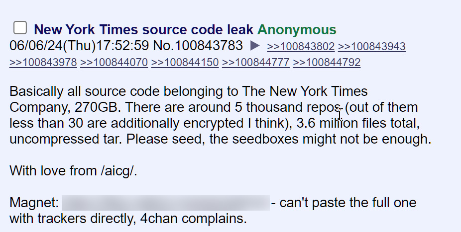 Leak of stolen New York Times data on 4chan