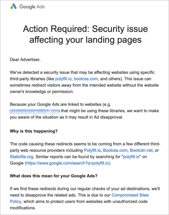 Google letter to advertisers about supply chain attack