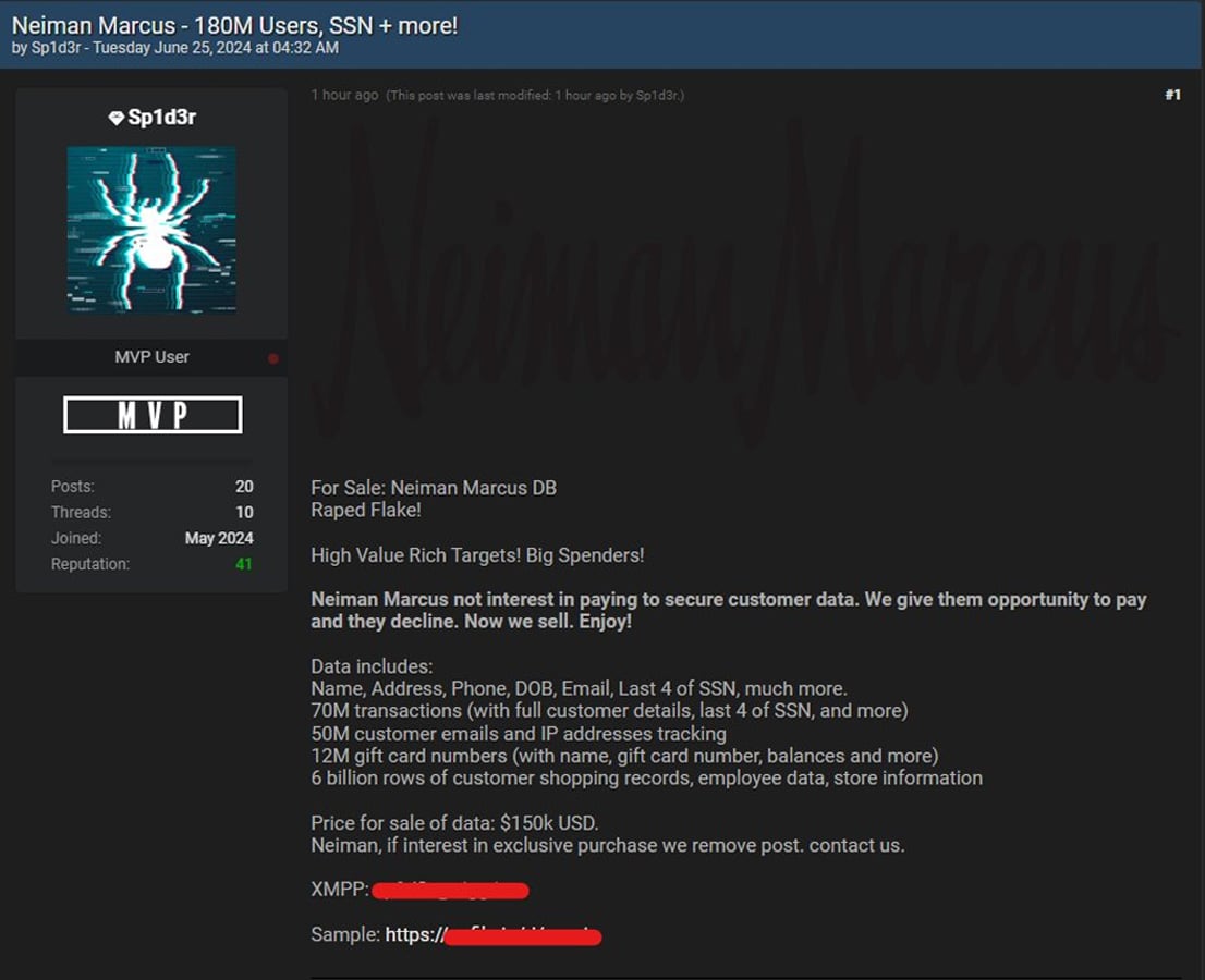 Neiman Marcus data for sale on a hacking forum