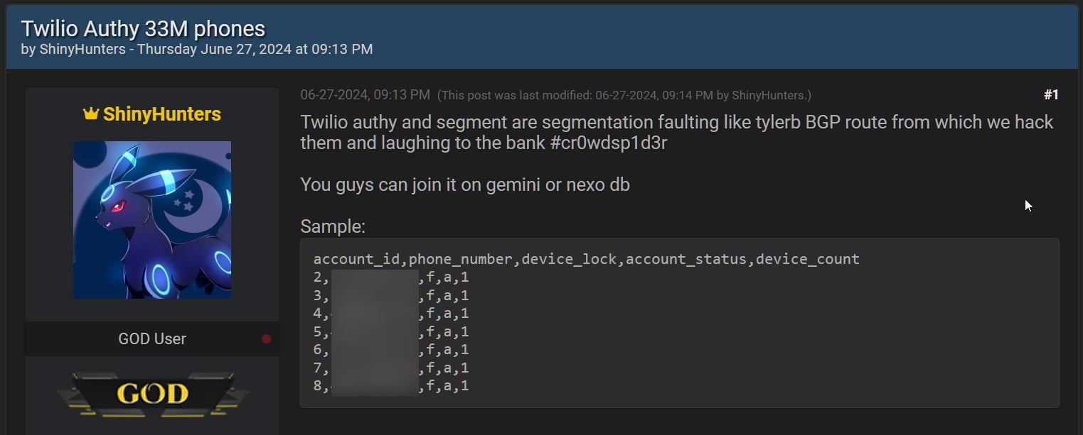 ShinyHunters sharing Twilio Authy data on a hacking forum