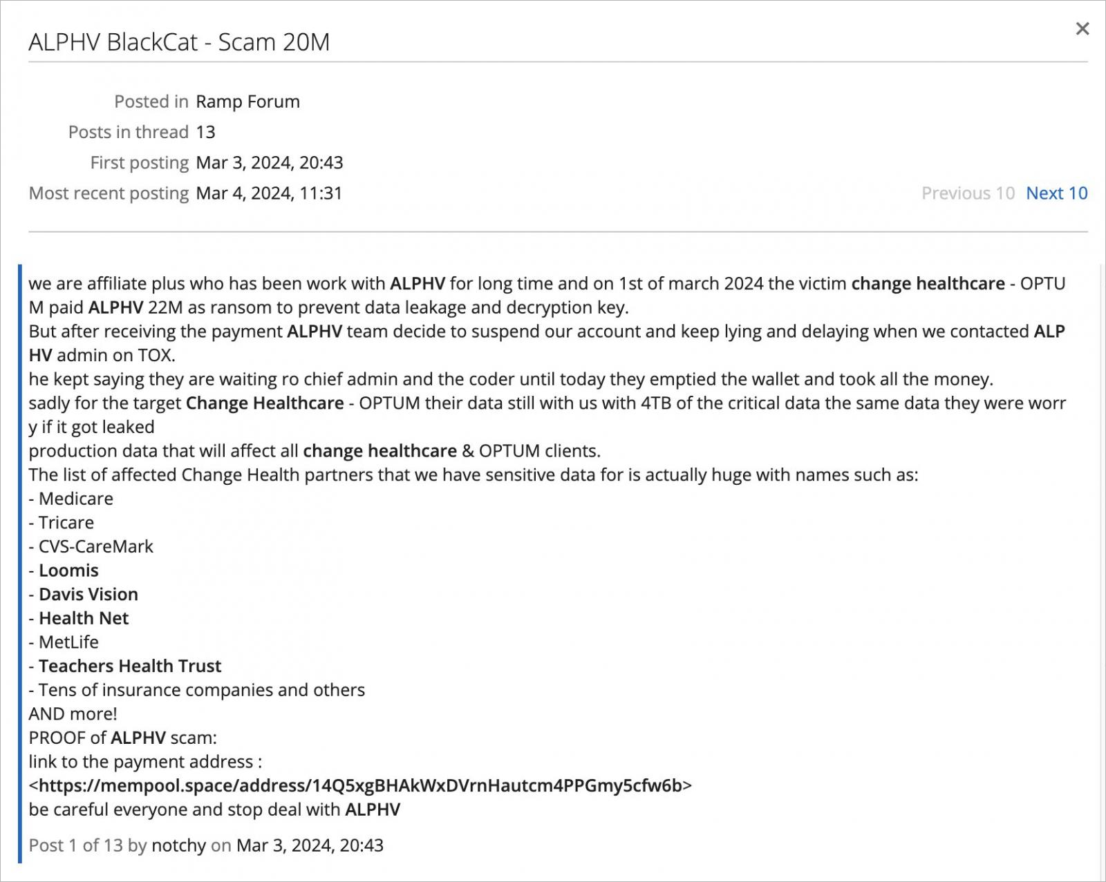 Alleged ALPHV affiliate claims they got scammed of the alleged Optum ransom of $22 million