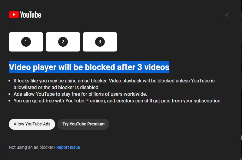 YouTube ad blocker warning